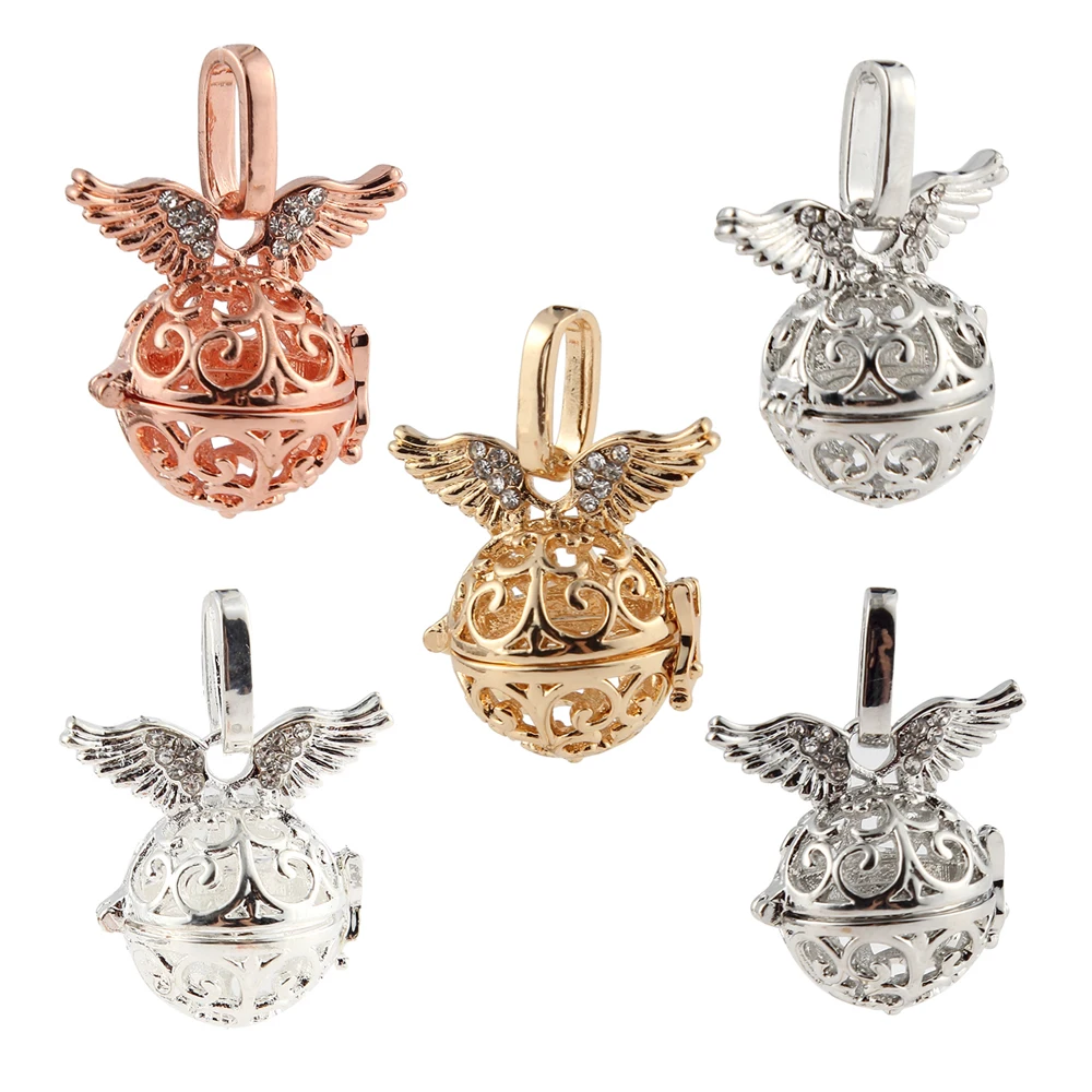 

Rhinestone Angel Wings Round Hollow Ball Cage Locket Pendants Essential Oil Aromatherapy Diffuser Statement Locket Cage Necklace