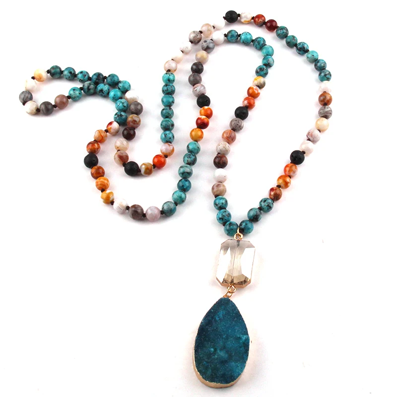 

MOODPC Fashion Jewelry 108 Beads Multi Stone Knotted Crystal Link Natural Druzy Drop Pendant Necklace Wome Yoga Necklace