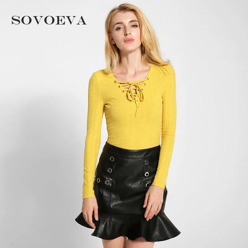 SOVOEVA 2017 Весной Трикотажные Футболки для Женщин Твердые Ремень V Шеи Мода Топы