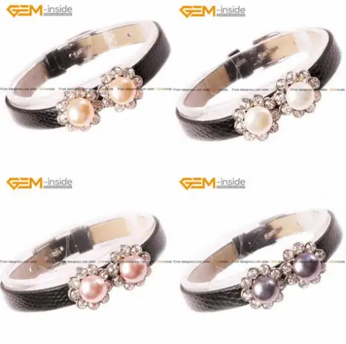  Pearl Bracelet Gold Plated Flower Frame Black Lea...