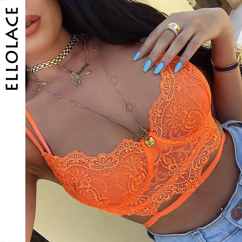 

Ellolace Lace Bra Underwear Women Bralett Lingerie Transparent Seamless Female Flee Bra Flower Embroidery Backless Orange Vest