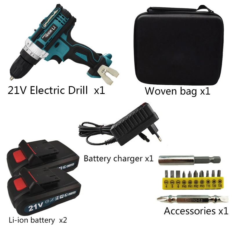 21V Electric Drill Power Tools Cordless Drill Screwdriver Tool Electric Dill Mini Screwdriver Tool Rotary Set Battery Tools Bit - Color: Bag two battery