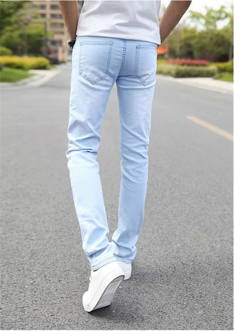 Günstig Männer Stretch Dünne Jeans Männlichen Designer Marke Super Elastische Gerade Hosen Jeans Slim Fit Mode Denim Jeans für Männer, blau