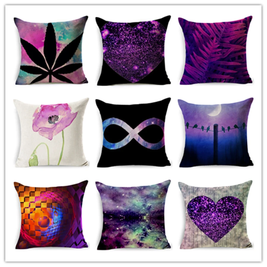 

Colored home decor cushion cotton linen throw pillow purple romantic printed comfortable seat back cushion pillowcase 45x45cm