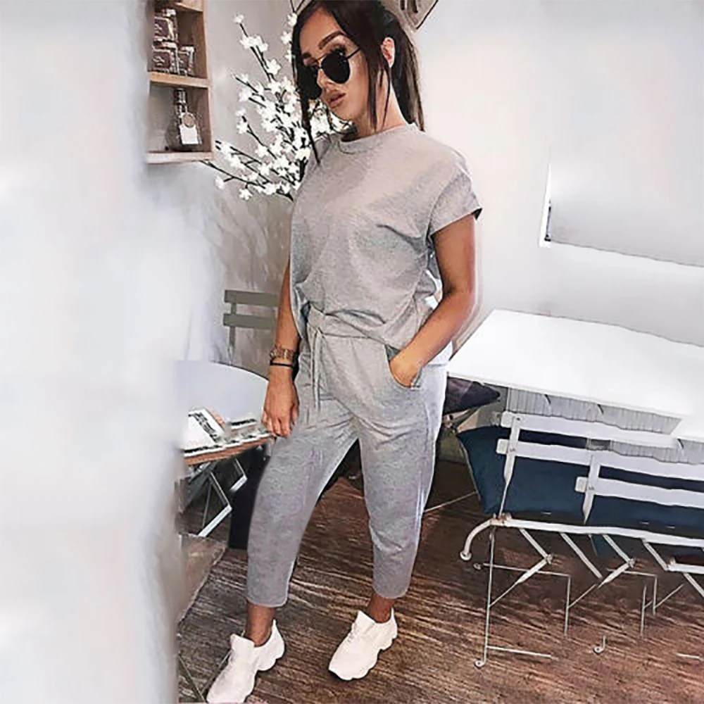 

SFIT Summer Women 2Pcs Short Sleeve Tops Solid Color Short Sleeve T-Shirt 2019 Female Casual Tracksuit Lounge Wear Jumpsuit
