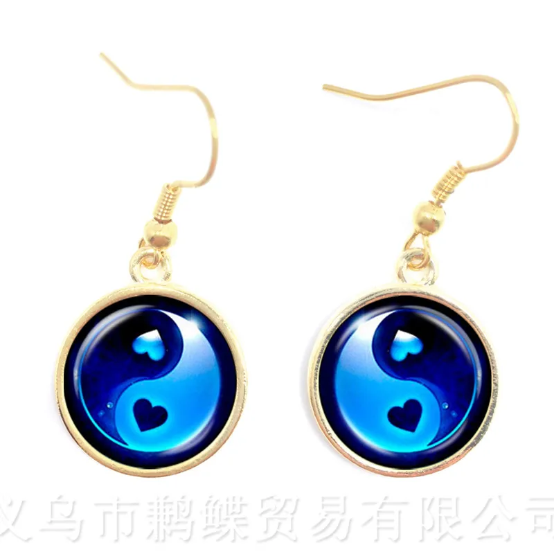 

Fashion Art Photo Oil Painting Yin Yang Earring Glass Dome Yin Yang Jewelry Silver Plated Tai Chi Pendientes Long Drop Earrings
