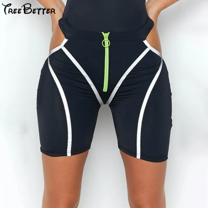 

Reflective Fitness Biker Shorts Women Hollow Out ZIpper High Waist Shorts Female Workout Streetwear Summer Jogger