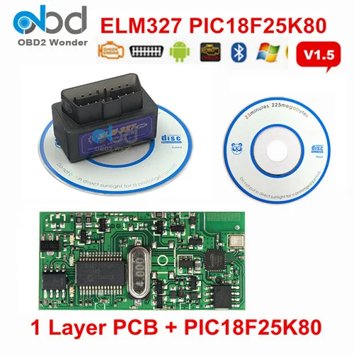 OBD II ELM327 PIC18F25K80 Bluetooth V1.5 автоматический сканер ELM 327 25K80 2 слоя PCB OBDII диагностический сканер аппаратное обеспечение 1,5 Android PC - Цвет: 1 Layer PCB Black