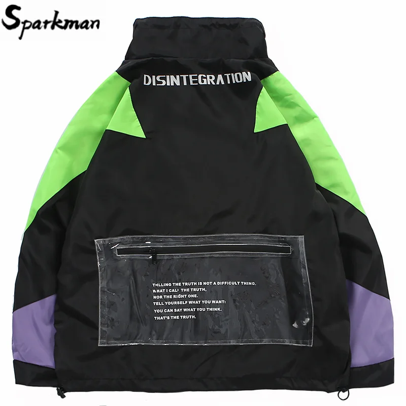 Harajuku Jacket Men Hip Hop Streetwear Retro Jacket Windbreaker Pocket Spring 2019 Vintage Color Block Track Jacket Coat Zipper