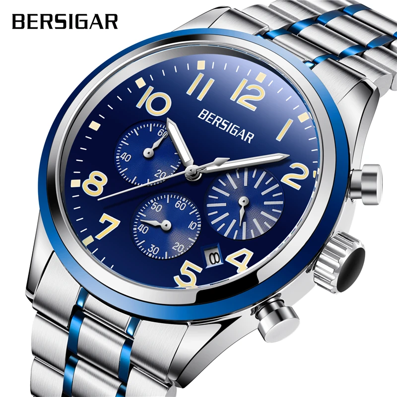 

BERSIGAR Men's Business Quartz Chronograph Watch Fashion Casual Stainless Steel Waterproof Analog Watch Relogio Masculino