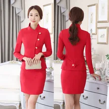 Novedad Red Formal Trajes de Ropa de Trabajo Del Salón de Belleza Con Chaquetas Y Falda Trajes Falda de Las Mujeres Trajes de Negocios Profesional Set