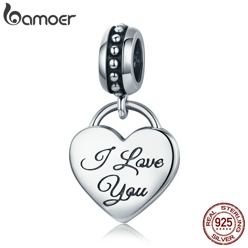 BAMOER 925 пробы Серебряный кулон с надписью I Love You, подвеска в виде сердца, очаровательный браслет, ювелирное изделие, подарок на День святого Валентина для мамы SCC539