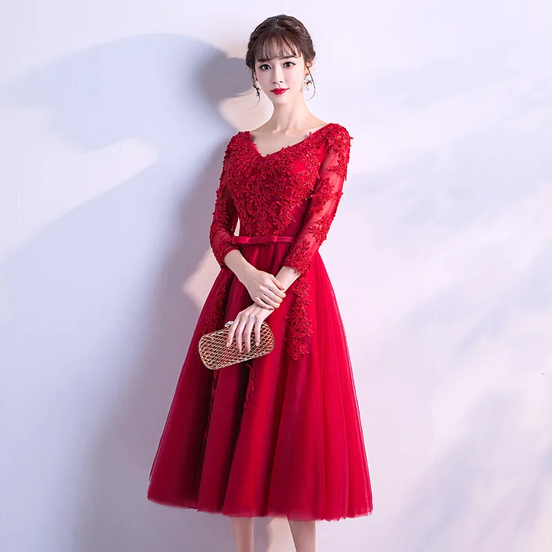 2019 New Evening Dress Long Sleeved Tea-Length Prom Gowns V-Neck Tulle Applique Formal Party Dresses Vestido de Festa