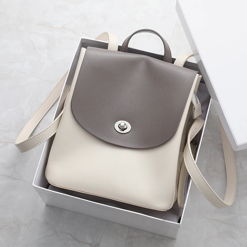 

2019 Chic Elegant Genuine Leather Bagpack Panelled Teenage College Grils Backpack High Quality Women Stylish Travel Backpack