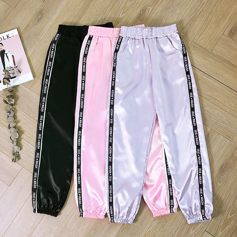 Women Summer Big Pocket Satin Highlight Harem Pants Women Glossy Ribbon Trousers BF Harajuku Joggers Women's Loose Pants