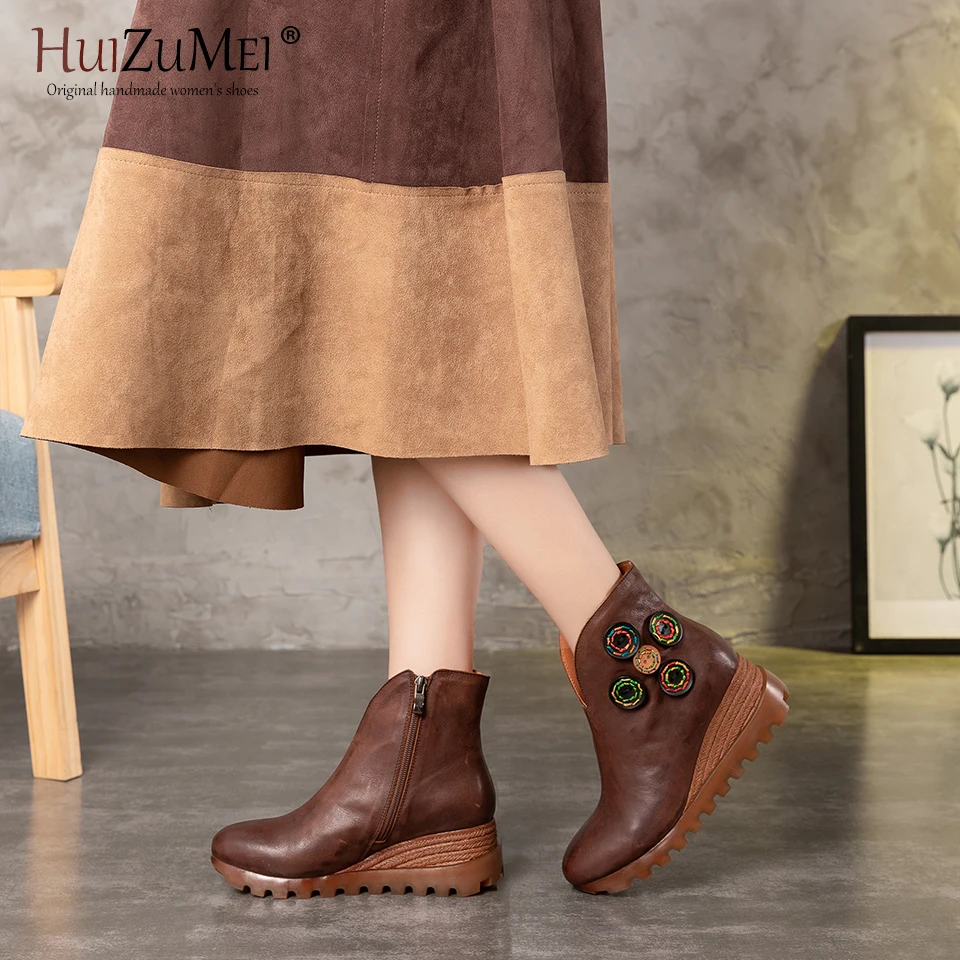 

HUIZUMEI BHandmade oots Women Genuine Leather Ankle Boots Artificial Velvet Handmade Lady soft Flat shoes Casual Women's shoes.