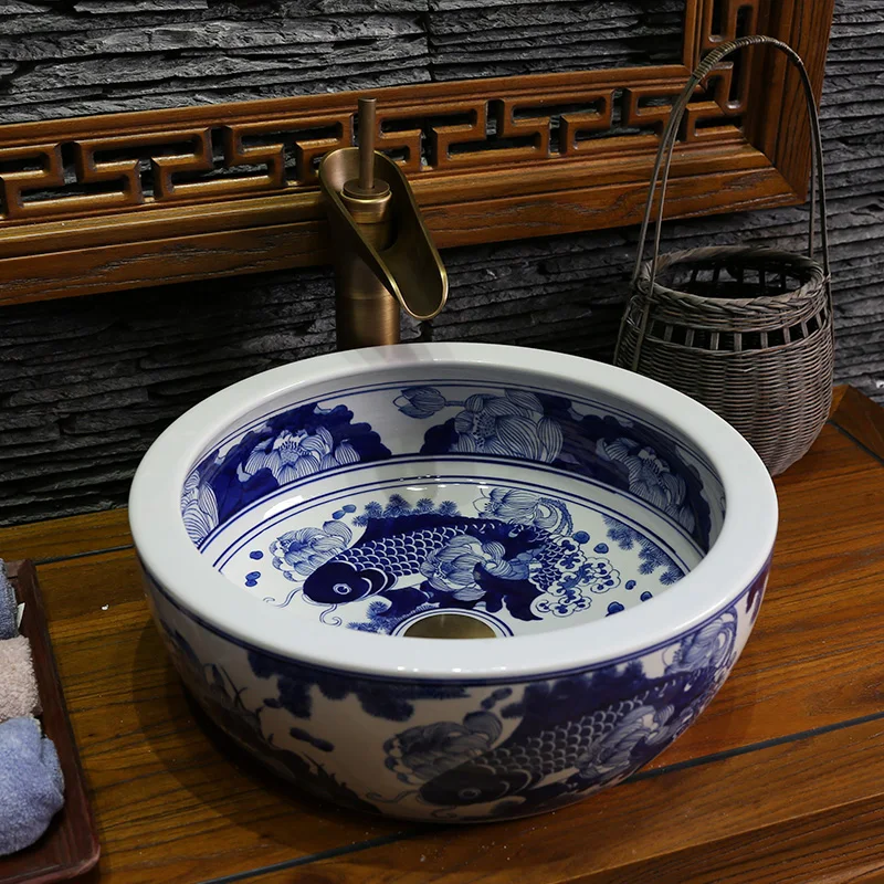 Antique Handmade Europe Vintage Style Lavobo Ceramic Bathroom Countertop Bathroom Sink hand painted bathroom sinks blue and white fish painting (1)