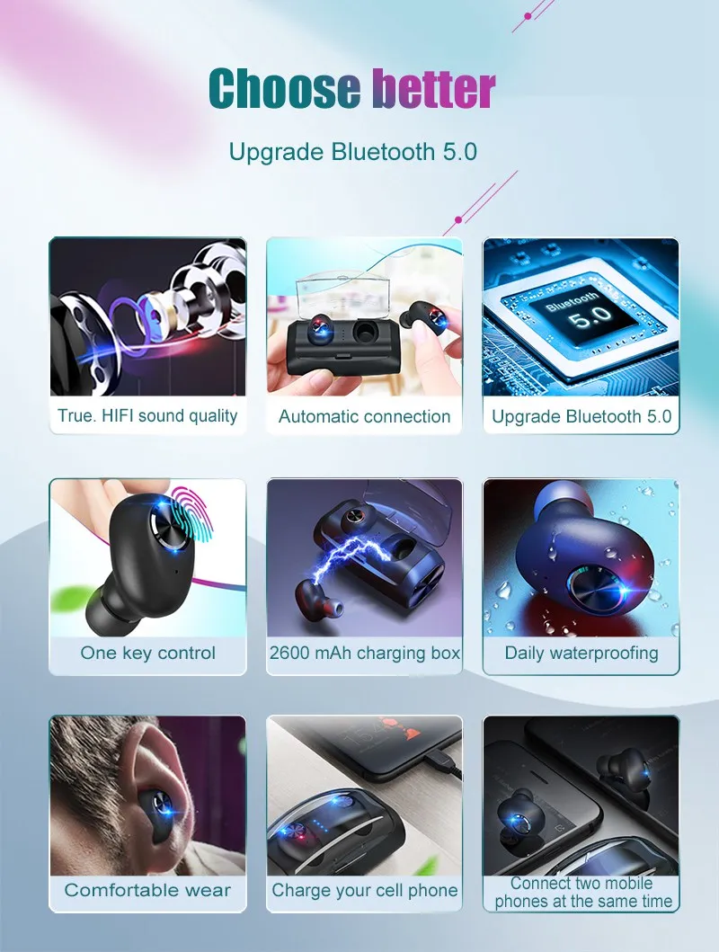 Mini Wireless Headphones Bluetooth Headset Noise Cancelling Earbuds TWS Stereo Earphone With Mic Charging box Bass Headphones