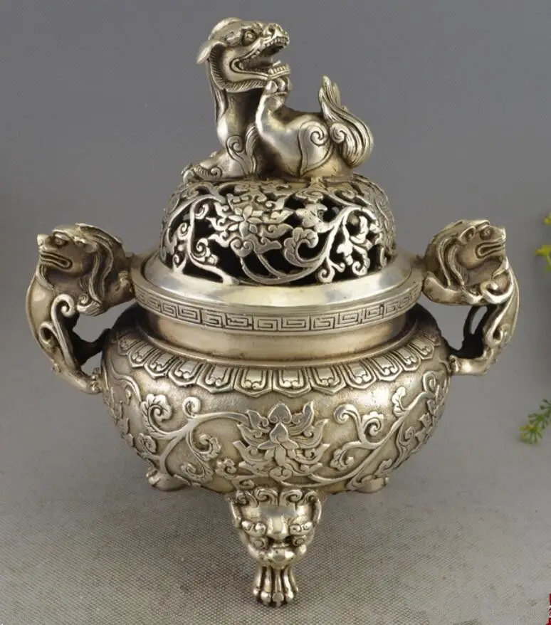 

192SHUN Chinese Tibet Silver Royal Palace Foo Fu Dog Lion Statue incense burner