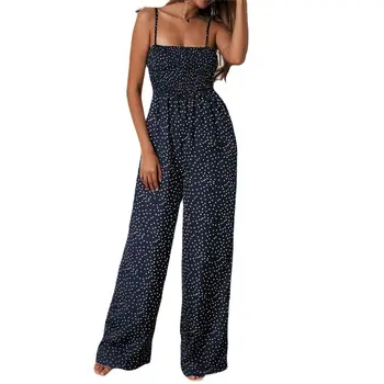 

Women Long Wide Leg Jumpsuit Ladies Summer Bandeau Polka Dot Strappy Sleeveless Holiday Romper Pants