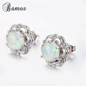 

Bamos Small Flower Stud Earrings For Women White/Blue Fire Opal Earrings White Gold Filled Jewelry Wedding Party Accessories