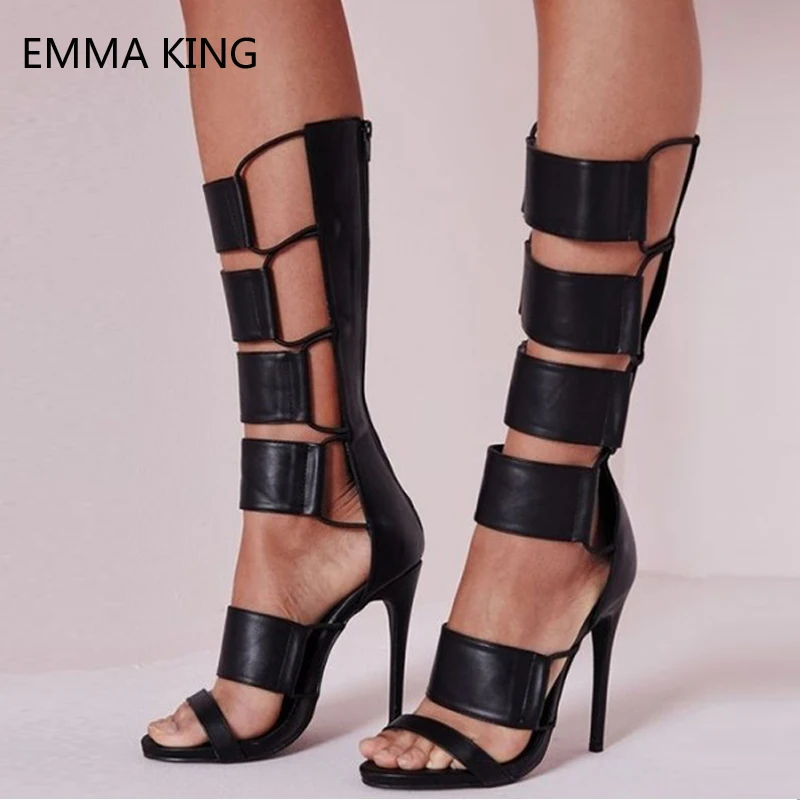 

Leather Women Summer Boots Fashion Ladies Gladiator Sandals Women Designer High Heels 10 12cm Mid-Calf Botas Chaussures Femme