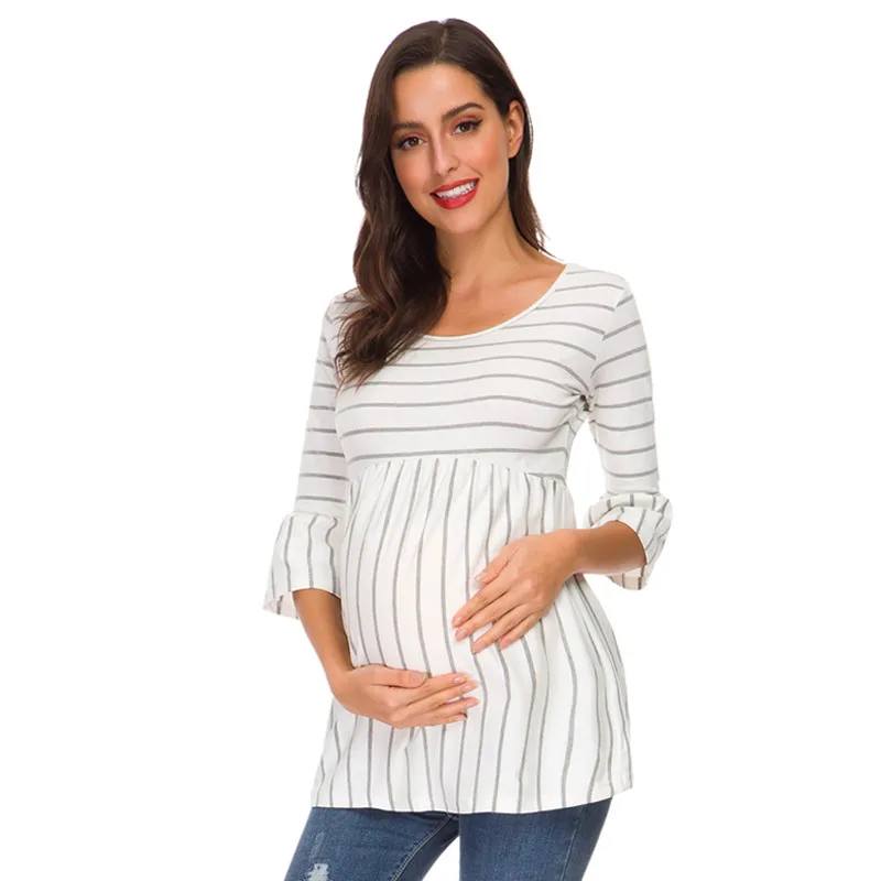 Комплект из 3 предметов, топы для беременных с оборками, свободная блузка трапециевидной формы для беременных, полосатая футболка, туника, повседневный Топ, Одежда для беременных, 3 четверти