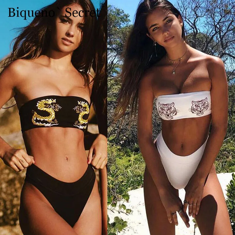 

Summer Women Beach Wear Bandeau Swimsuit Bikini 2018 Tiger Printing White Swimwear Maillot De Bain Thong Bikinis Bathing Suit