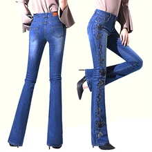 Весенне-осенние женские джинсы с вышивкой в национальном стиле, с высокой талией, тонкие длинные широкие брюки среднего возраста, расклешенные брюки