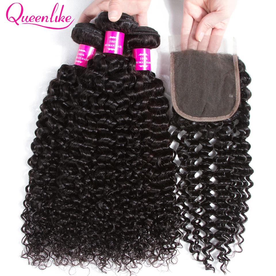 baratas Queenlike Produtos 3 4 Bundles Cabelo Humano Pacotes Com Fecho de Cabelo Não Remy Tecer Feixes Encaracolados Excêntricas Brasileiros Com Fecho