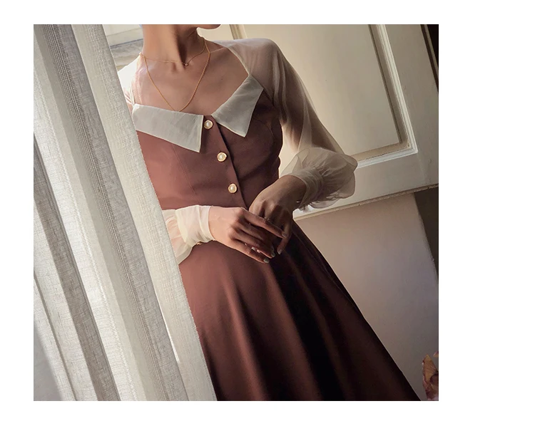Vestido, весна-осень, женское винтажное платье в стиле Хепберн, элегантное, тонкое, v-образный вырез, длинный рукав, сетка, пэчворк, черное, длина до колена, платье sukienk
