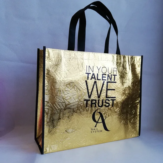 2019 New Style 500pcs/lot Custom Logo Bag Reusable Metallic Shiny Gold