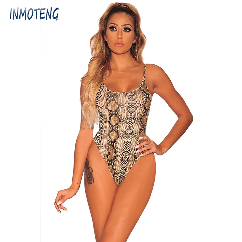 

INMOTENG Pink/Brown/Neon Lime Snake Serpentine Print Spaghetti Straps Bodysuit Summer Sexy Sleeveless Cami Off Shoulder Bodysuit