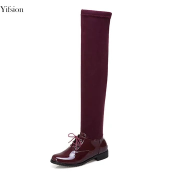 

Olomm Novelty Women Over The Knee Winter Sexy Boots Square Low Heels Boots Round Toe Black Wine Red Shoes Women US Size 4-10.5