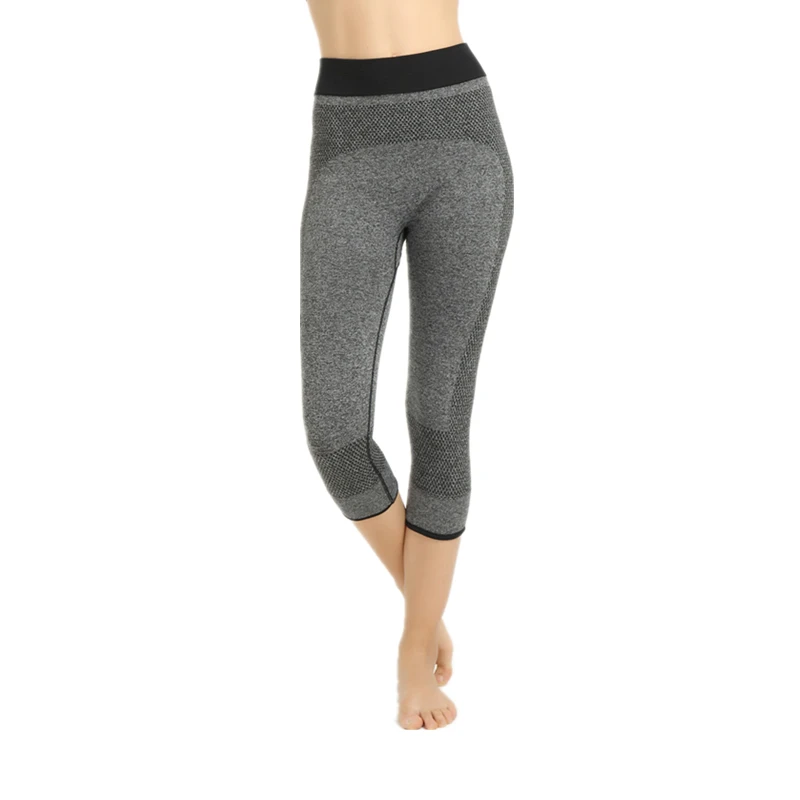 Gray Women Yoga Pants Fitness Seamless Trousers Skinny Sport Capris 3/4