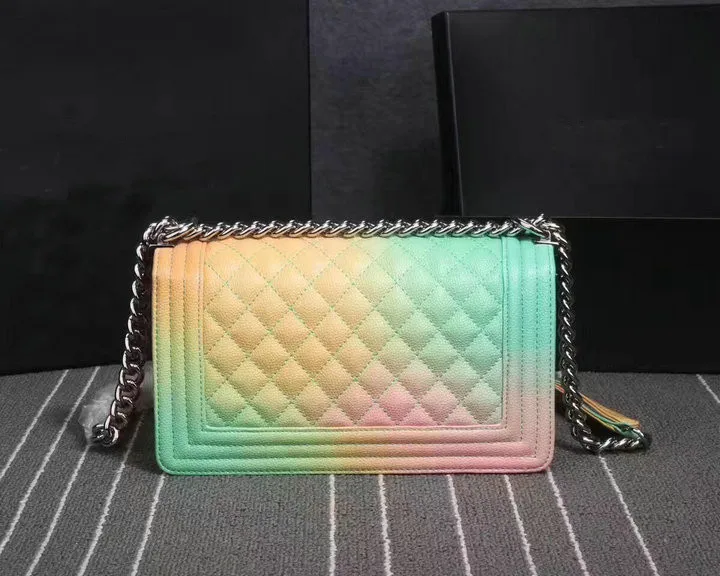 

2018 Fashion Top Quality Luxury Brand Caviar Leather Rainbow Le Boy Crossbody Shoulder Bag Silver Chains Bag Free Shipping DHL