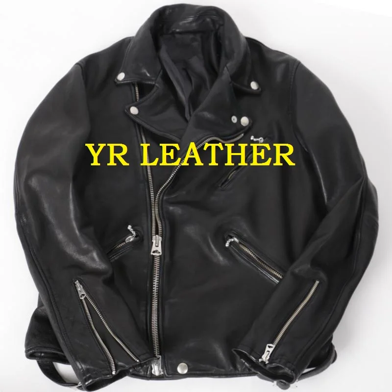 

YR!Free shipping.thick Spain tanning sheepskin.Brand Luxury japan style leather jacket,men vintage slim genuine leather coat,