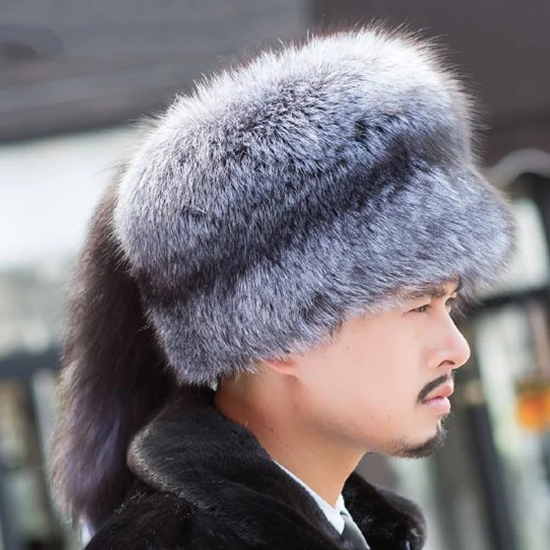 Русская Настоящая Натуральная silver fox меховая шапка человек с леди лисий хвост