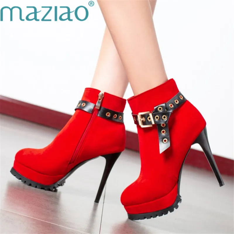 

Concise Style Shoes Buckle Side Zipper Solid Color Round Toe Platform buckle sexy Party Shoes Ankle Boots MAZIAO