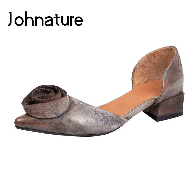 

Johnature 2019 Spring/Summer New Genuine Leather Casual Retro Rose Slip-on Flat Sandals Cover Heel Flower Women Shoes Pumps