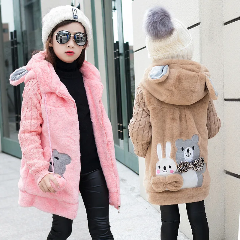 

2019 Autumn Winter Lovely Rabbit Bear Girls Faux Fur Fleece Coat Warm Jacket Snowsuit Plus Velvet Snowsuit Children Outerwear