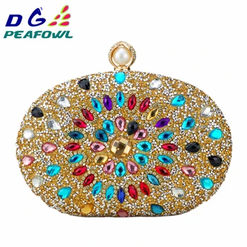 

DG PEAFOWL Luxury crystal Floral Clutch chain bag woman wedding diamond blue purple cell phone pocket evening wallet Handbags