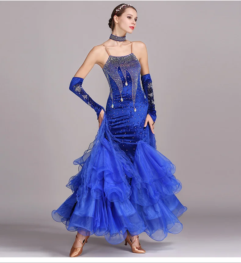Бальное платье для танцев, стандартные платья, современный танцевальный костюм, светящиеся костюмы, бальное платье, вальс, Синие стразы, Одежда для танцев