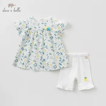 

DBZ10620 Dave bella summer baby girl clothing sets fruit lemon print children suits infant high quality clothes girls outfit
