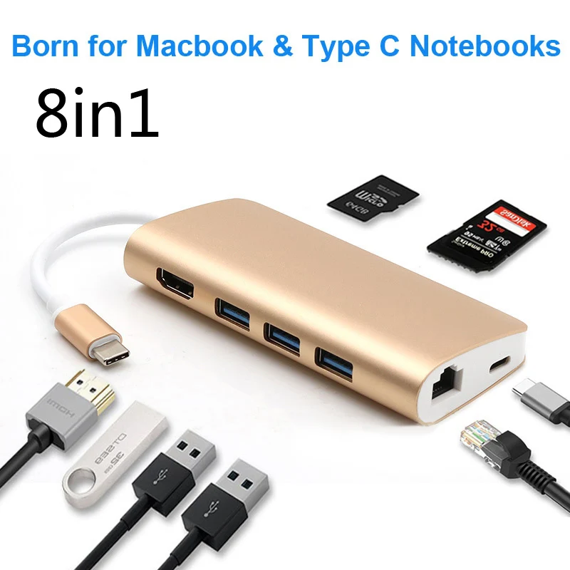 

8 in 1 Multifunction USB-C Type C to 4K HDMI Video Converter 1000Mbps Gigabit Ethernet Cable Adapter USB 3.0 SD TF Card Reader