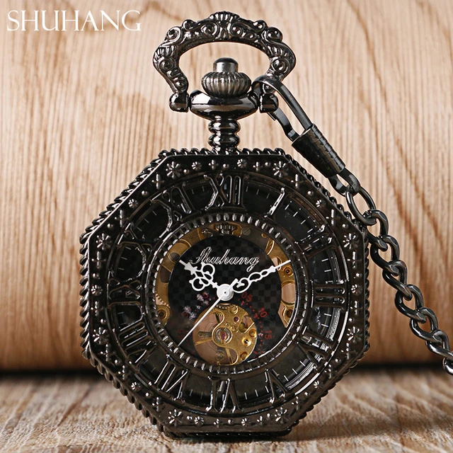 SHUHANG Archaize Black Fashion Skeleton Steampunk Pocket Watch Mechanical Hand W SHUHANG Archaize Black Fashion Skeleton Steampunk Pocket Watch Mechanical Hand W