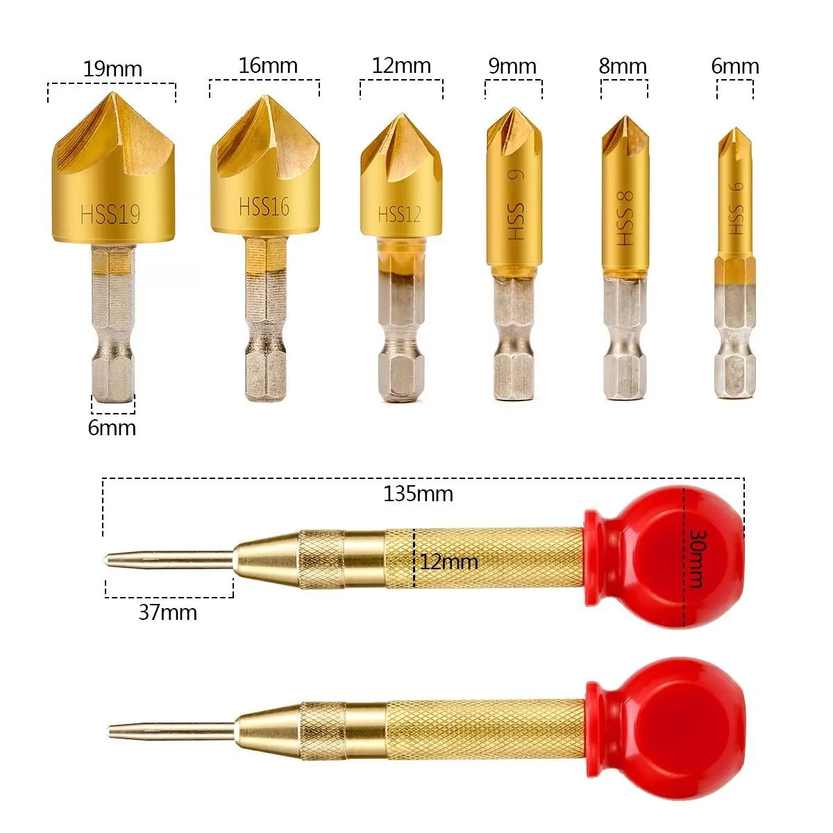 New 2 x Automatic Center Hole Punch Marker Scribe with Cushion Cap and 6 Pieces Countersink Drill B