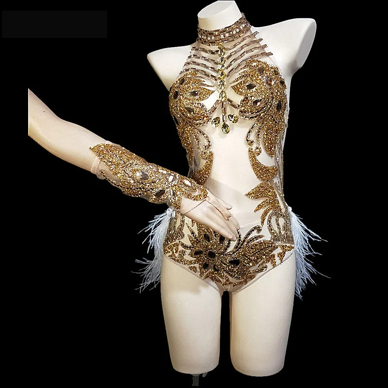 

Flashing Gold Rhinestones Halter See Through Mesh Bodysuit Feather Tail Outfit Celebrate Nightclub Singer Dance Outfit DJ406