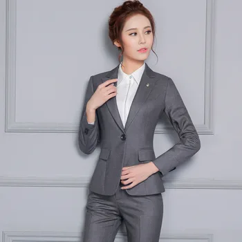 

2020 New female elegant pant suits OL formal work wear women's long sleeve blazer with Trousers office XXXL suit Gray black