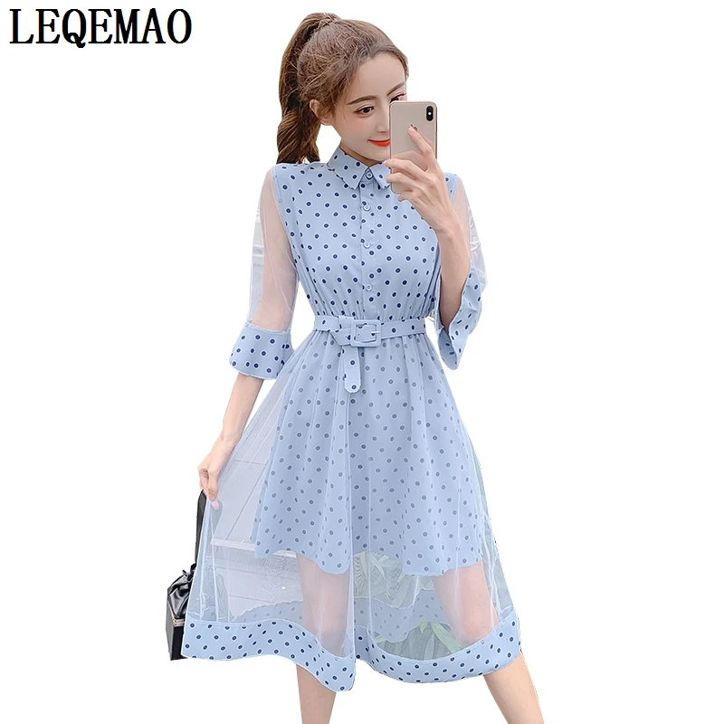 

2019 New Spring Women Chiffon Polka Dot Dress Lady Long Sleeve Elegant Beach Dresses Female Lace Sashes Slim